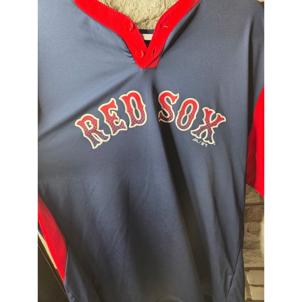 Majestic Boston Red Sox MLB Jersey Mens Navy Blue Red 2 Button Pullover Shirt